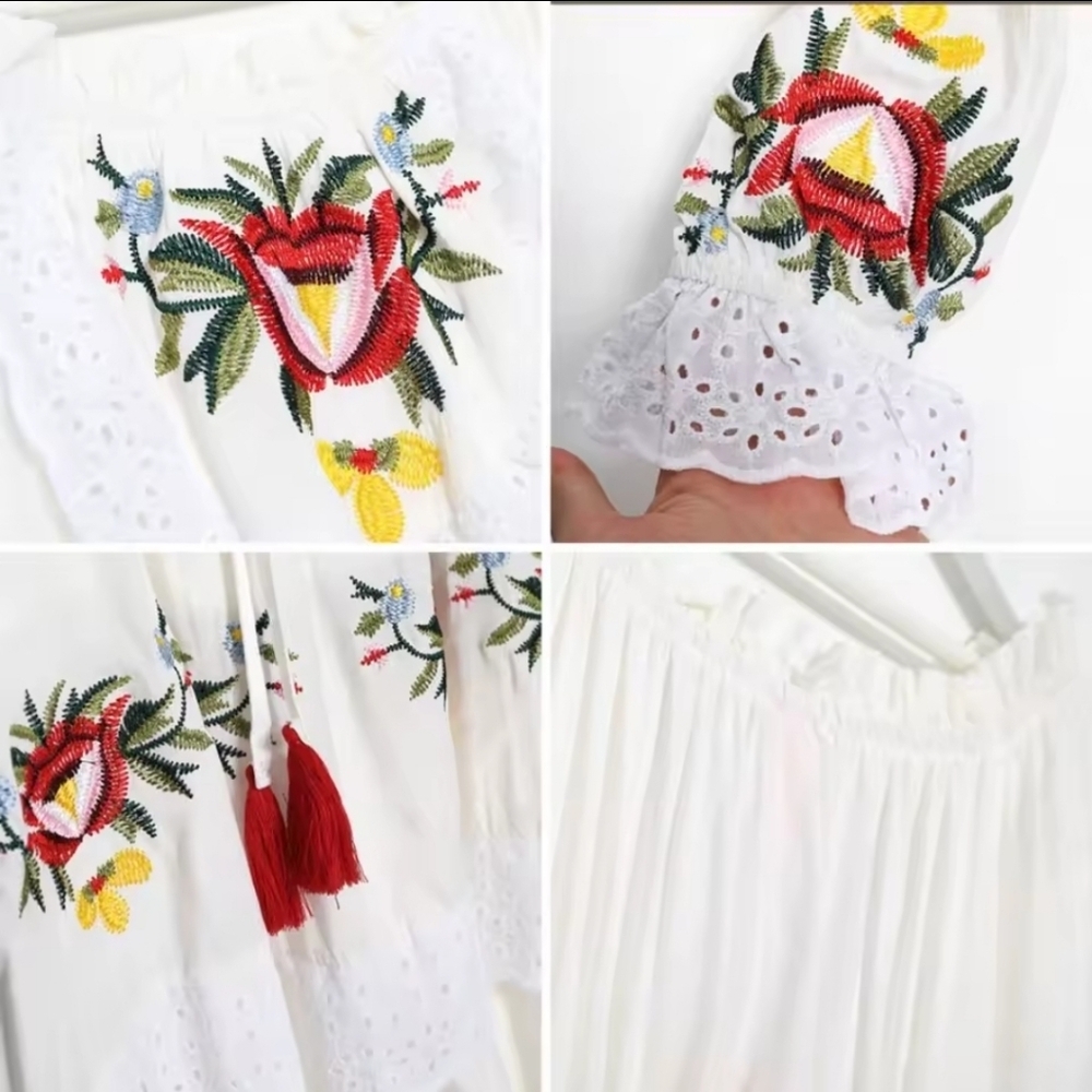 Bohemian Off-Shoulder Embroidered Cream Dress - Picture 7 of 15